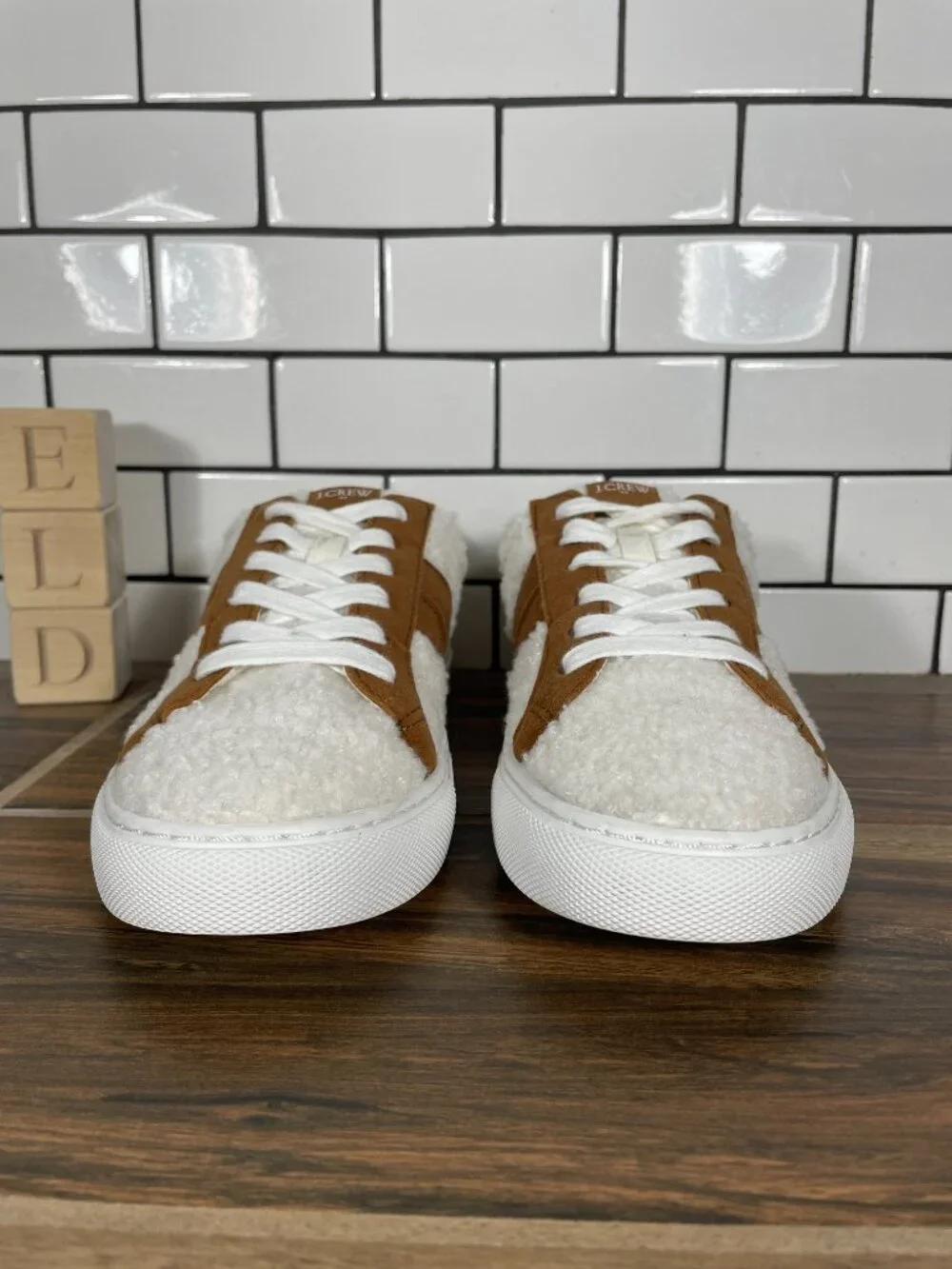 J. Crew Factory Striped Sherpa Road Trip Shoes Womens 7.5 White Brown Sneakers